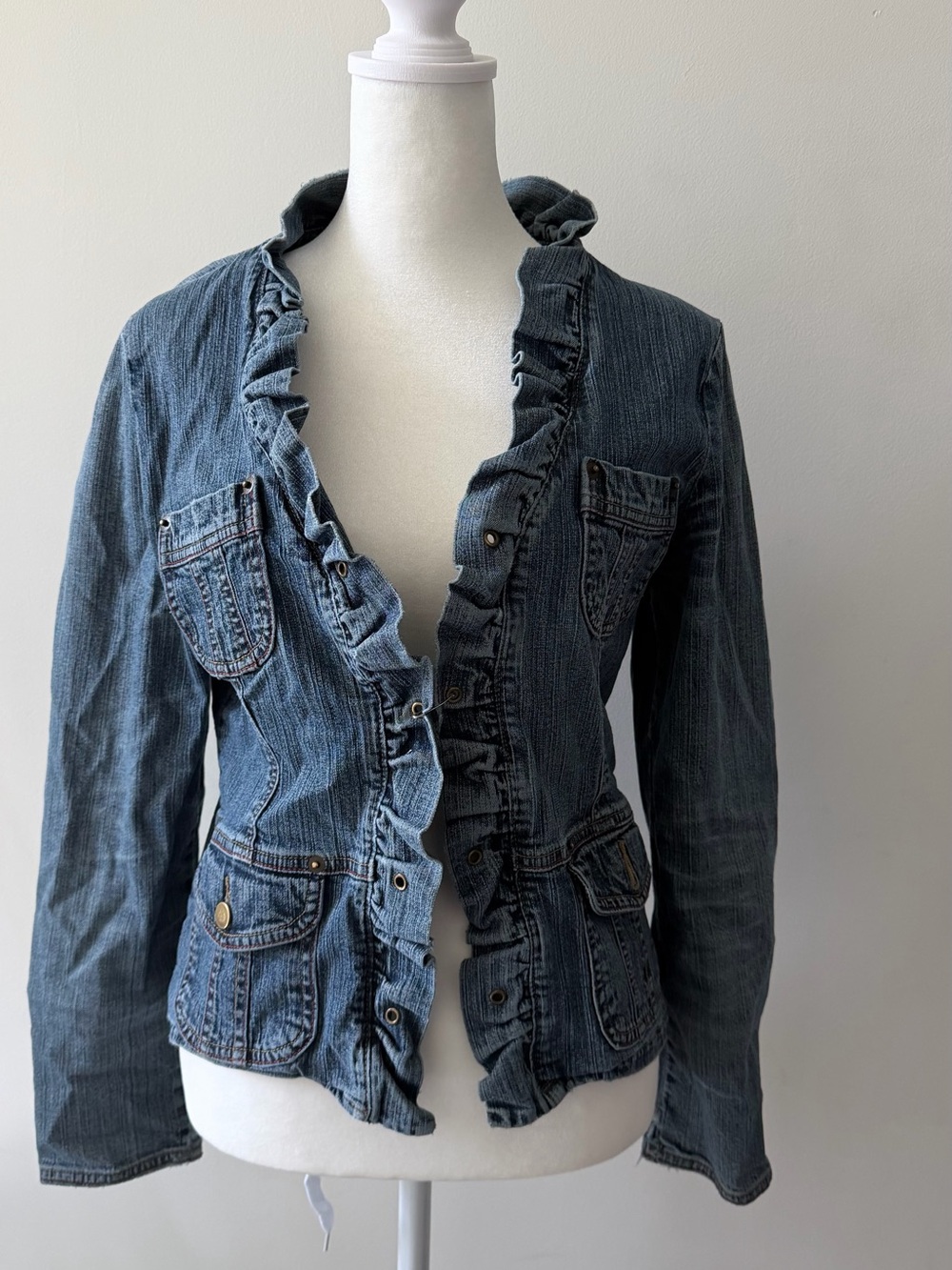 Ruffled Blue Denim Jacket with Feminine Trim - Picture 2 of 5